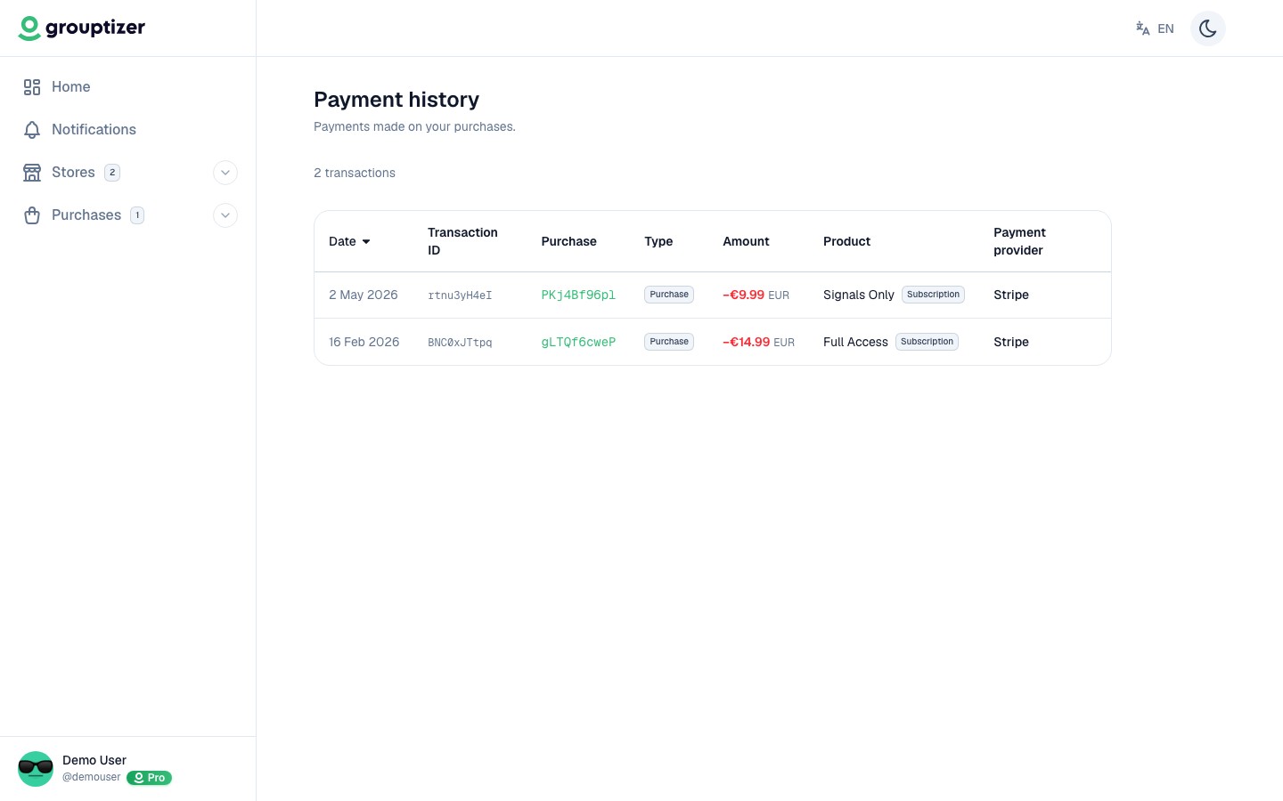 Transactions screen