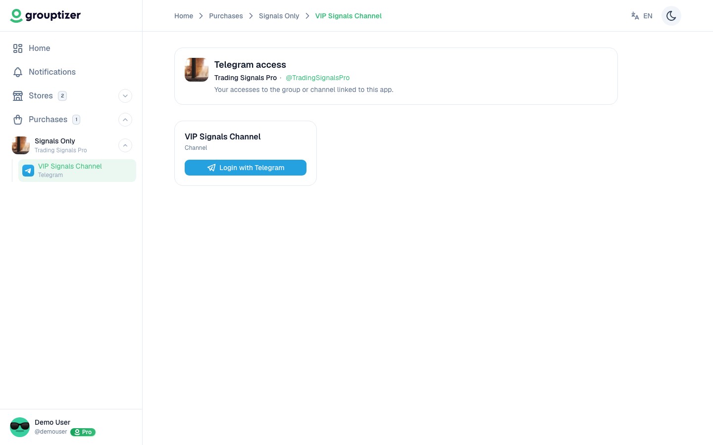 Telegram access page