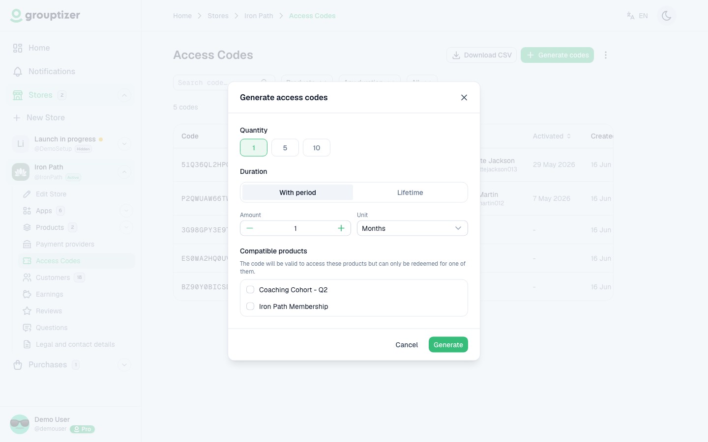 Generate codes screen