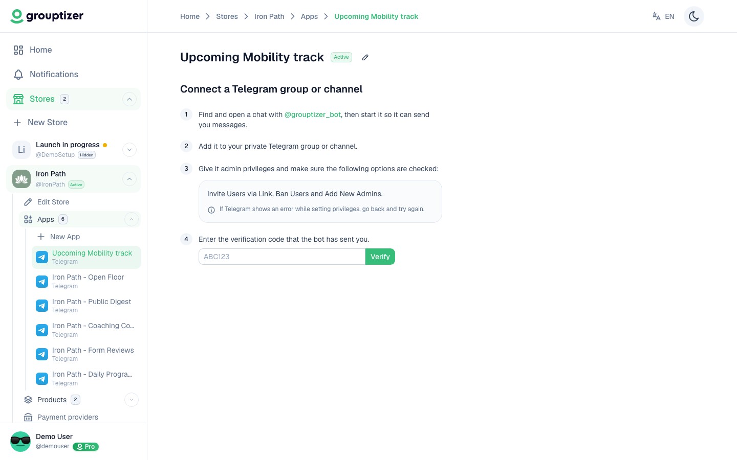 Integration setup screen