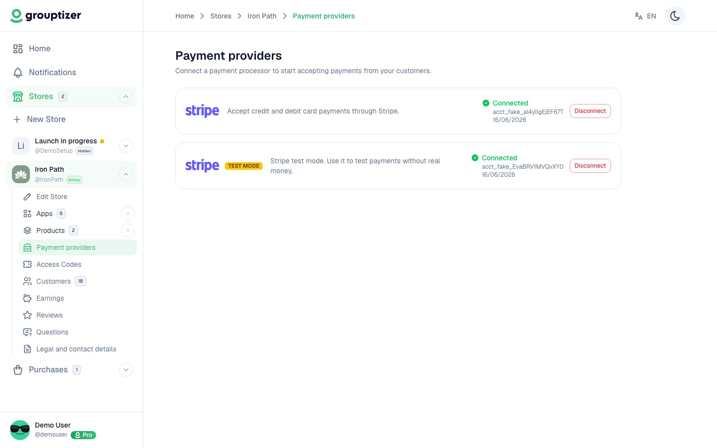 Payment providers screen — Stripe connected