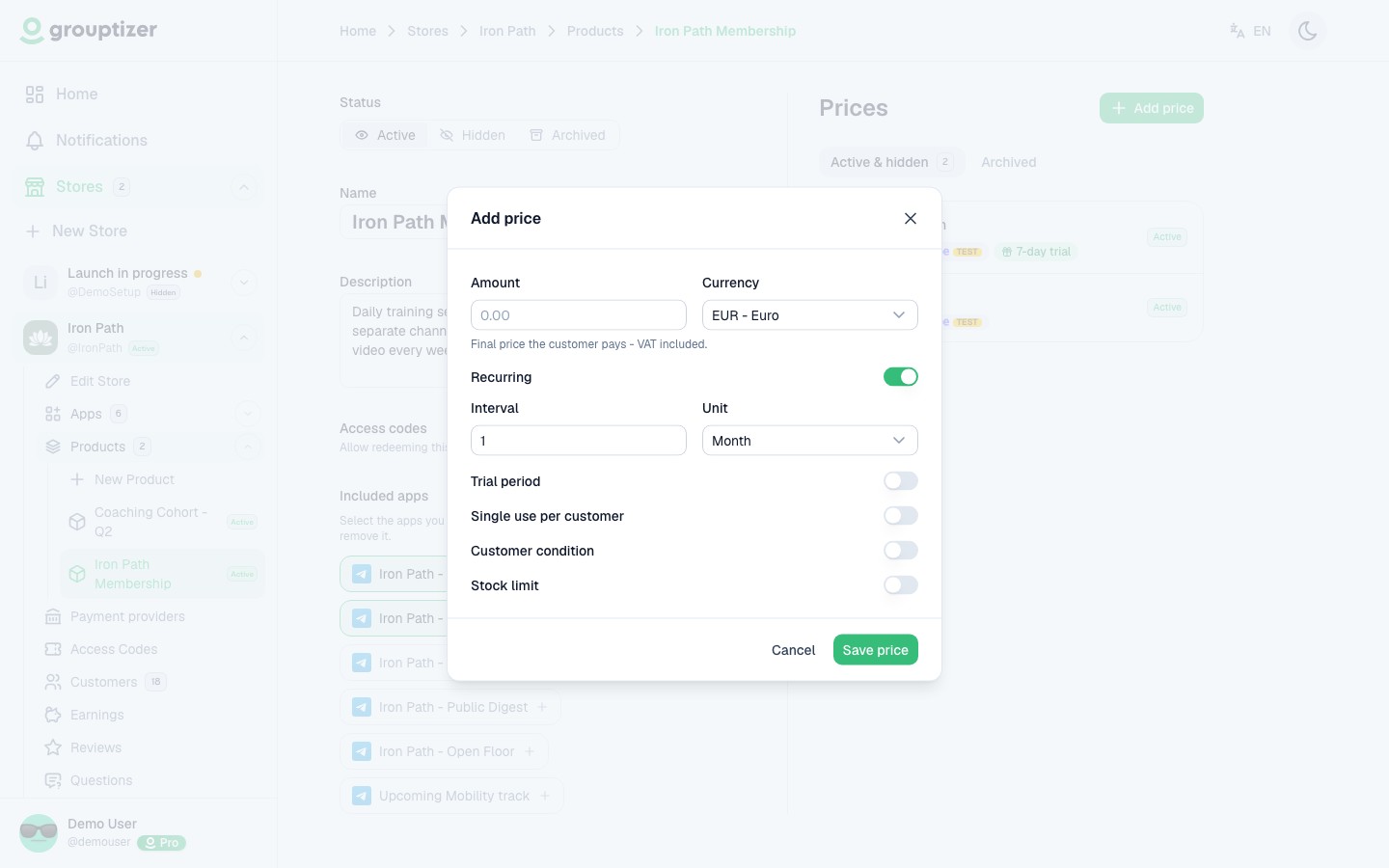 New price modal