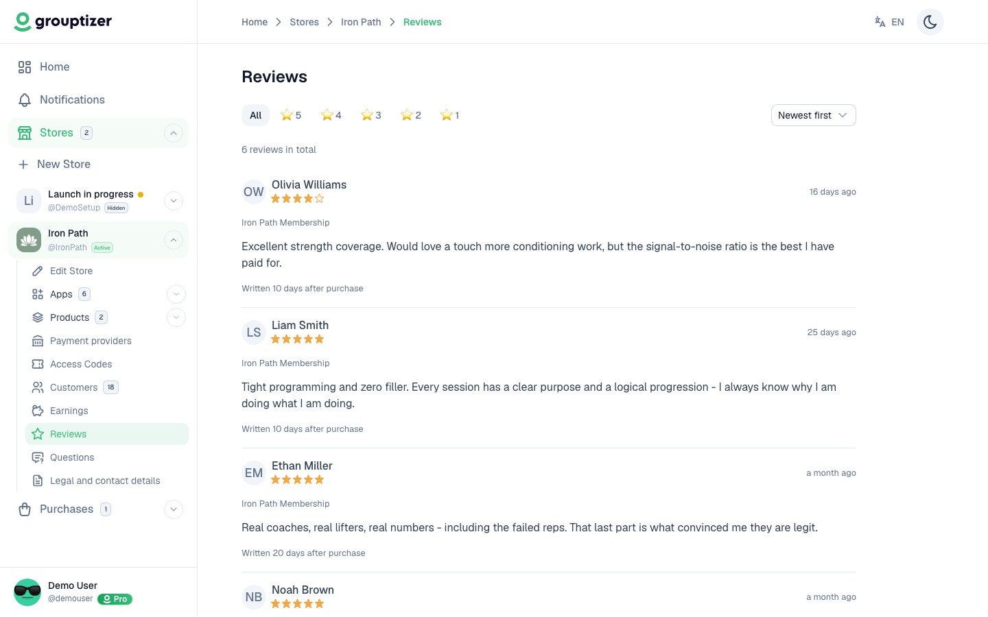 Reviews screen